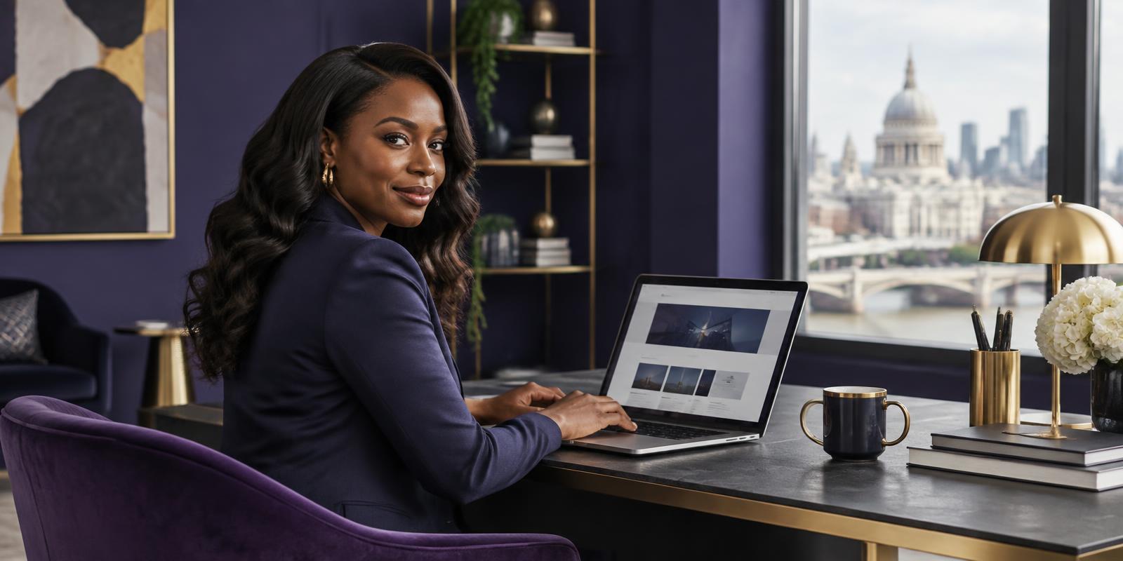 A business owner working on her new website in a modern London office
